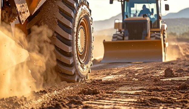 Heavy road grader construction machinery working on dirt road surface, close-up of large tire treads and blade, second grader machine visible in background, desert or arid landscape with mountains