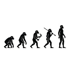 A cartoon illustration shows the evolution of a human from a monkey to a modern man in a sequence of six black silhouettes against a white background.