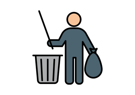 Trabajador de limpieza recogiendo basura con bolsa y contenedor en estilo lineal de color