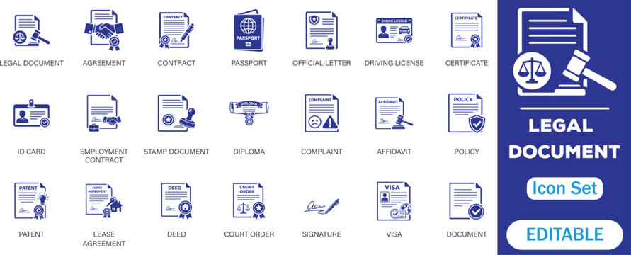 Legal document icon set. featuring contract, agreement, passport, ID card, certificate, license, patent, testament and more. perfect flat icon collection.