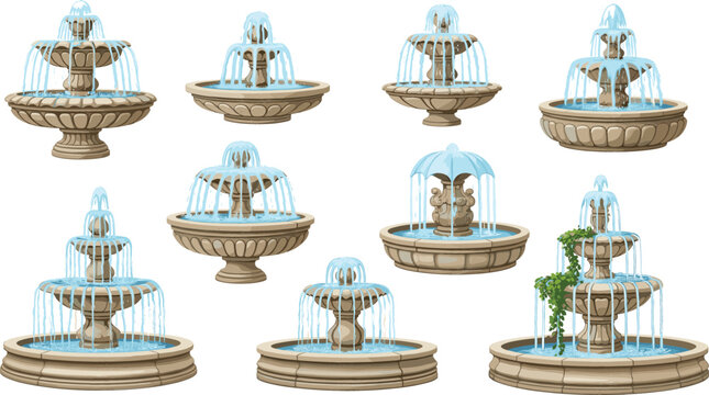 Set of various classical stone garden fountains with splashing water and elegant tiered designs isolated on white background for architectural landscape projects.