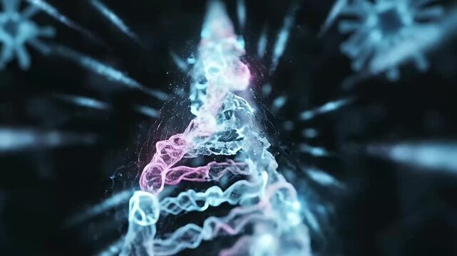 A mesmerizing abstract visualization of a glowing DNA double helix structure, rendered with intricate particle effects. Vibrant blue and pink hues illuminate the complex molecular strands as they appe