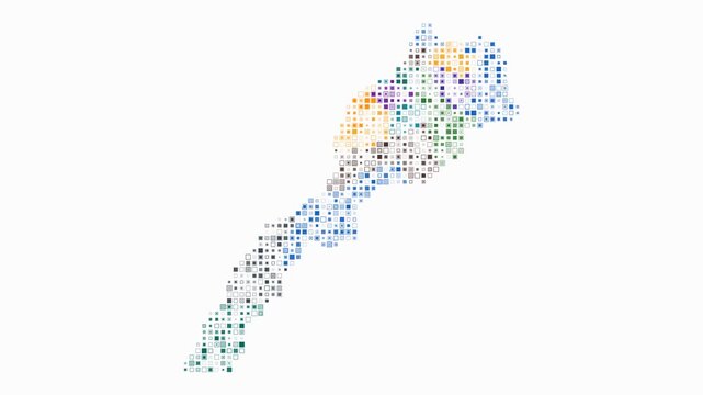 Morocco map animation. Shape of the country with pulsating colored dots. Small size square blocks. Digital style Morocco map on white background. Beautiful video.