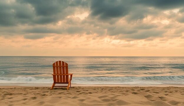 Single wooden chair on sandy beach at water's edge, calm ocean with soft waves, peaceful seascape, dramatic cloudy sky with peach and gray tones, empty chair facing the sea