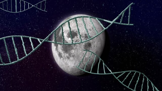 Starting on starfield DNA strands emerging, undulating around moon unveiling crater details looping