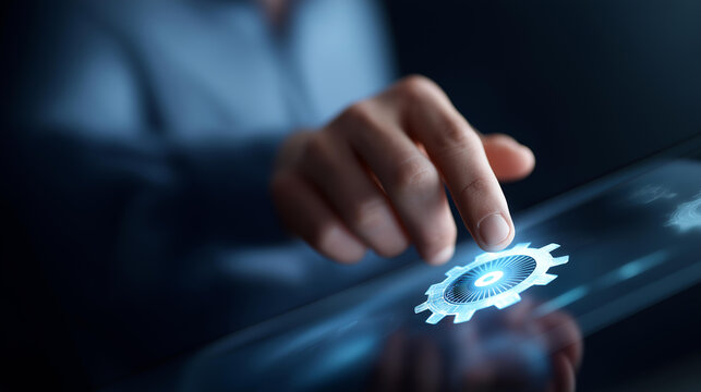 Person touching update button on virtual interface display, software updates or operating system upgrades concept, device maintenance with enhanced functionality visualization,