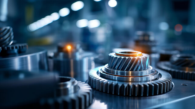 Metal gears and bearings creating mechanical background, precision parts of mechanism assembly together, industrial components with organized arrangement, manufacturing equipment