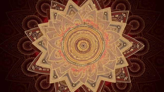 Intricate mandala design with golden patterns on a rich red background. Symbolizes harmony, spirituality, and artistic expression
