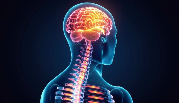Medical illustration of human head in profile showing glowing brain and spinal cord, transparent blue outline of head and neck, detailed anatomical brain with orange and pink glow