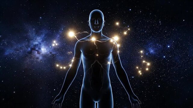 A human figure in yoga pose with glowing chakra points against a starry night sky, embodying spiritual meditation and soulful connection