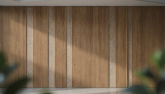 Medium shot of natural acoustic wood wall slats showcasing textured grooved panels that enhance sound diffusion with organic warmth and ecofriendly appeal.