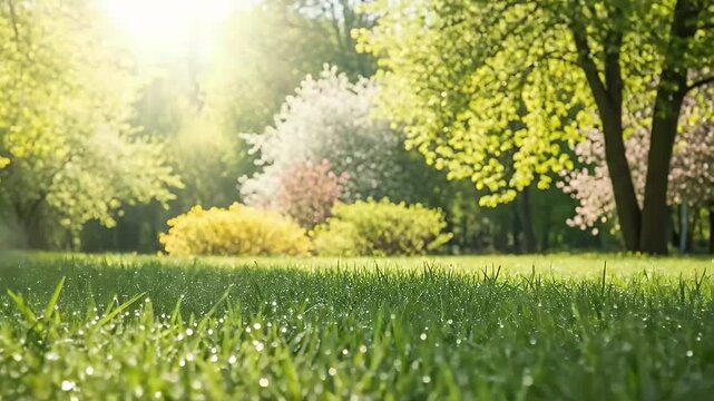 A pristine, low-angle view captures the vibrant essence of nature, featuring lush green grass adorned with sparkling dew drops. The scene is bathed in golden sunlight filtering through the dense folia