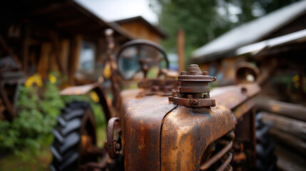 Fototapeta premium Vintage retro tractor with rusty mechanical details close-up, aged agricultural machinery showing weathering and oxidation effects, antique farm equipment with patina metal parts