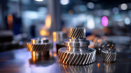 Shiny transmission gears from car engine display, polished automotive mechanical components arrangement, precision-engineered parts with reflective finish, vehicle transmission
