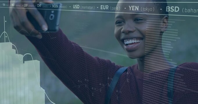 Woman taking selfie then flipping phone and scrolling currency overlay graphs for finance insight