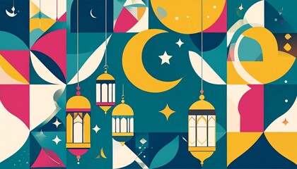 Vibrant Ramadan Kareem celebration with lanterns and crescent moon