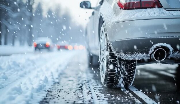 Close-up of silver car rear wheel with winter tire on snowy slushy road, detailed tire tread pattern, snow spray and water splashing from tire, chrome exhaust pipe visible