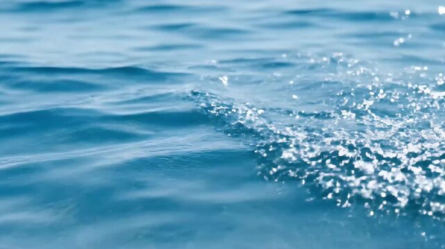 A serene, close-up view of the water's surface captures gentle ripples and subtle waves, reflecting the shimmering sunlight. The tranquil blue liquid creates a calming and peaceful atmosphere, with sp