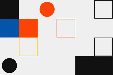 Abstract Geometric Composition, Primary Colors Shapes, Minimalist Grid Background, Creative Square Pattern, Modern Art Design, White Backdrop