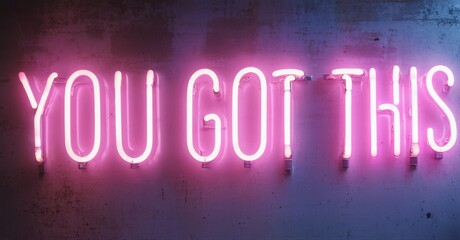 Fototapeta premium Bright pink neon sign displays positive message. Wall texture visible, dark background creates contrast. Inspiring, motivational text.