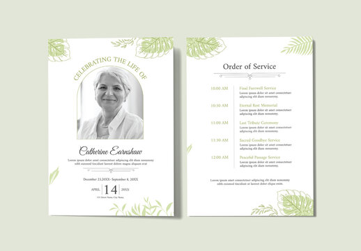 Minimalist Funeral Program Template with Green Leaves Floral Design