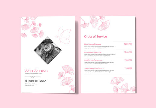 Elegant Pink Funeral Program Invitation Template with Photo Frame