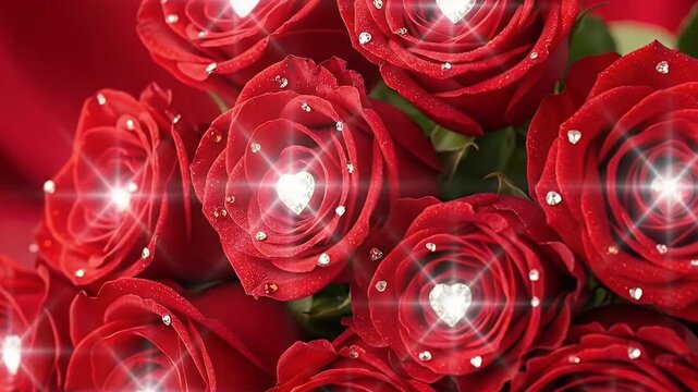 A stunning close-up of a luxurious bouquet of vibrant red roses, each petal meticulously adorned with delicate sparkling gems. Several prominent heart-shaped jewels, enhanced with shimmering lens flar