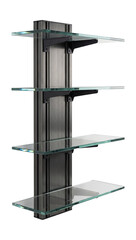 Tall narrow wall shelf with adjustable glass panels.