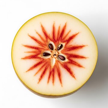 Close-up slice of star apple revealing intricate red and white patterns