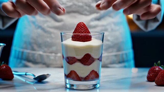 Person adds strawberry to parfait dessert with cream layers. Hands place berry on glass dessert. Strawberry parfait with layered cream. Person making dessert adds fresh strawberry on top.