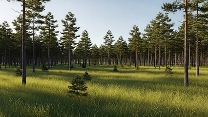 Lush Green Forest Landscape with Tall Pine Trees and Sunlight.