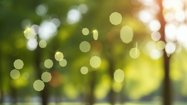 A tranquil natural background featuring vibrant green foliage and blurred trees is enhanced by warm sunlight and a gentle lens flare. Shimmering, polygonal bokeh lights gracefully float and sparkle ac