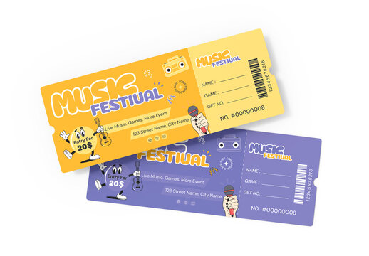 Music Festival Event Ticket Template with Retro Illustration