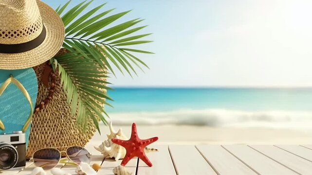 A tranquil tropical scene unfolds with essential vacation items artfully arranged on a clean white wooden surface. A classic straw hat, woven beach bag, vibrant blue flip-flops, a vintage camera, styl