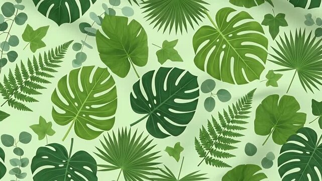 A vibrant and lush seamless pattern features an array of stylized green tropical leaves, including monstera, palm, fern, eucalyptus, and ivy, against a soft, light green background. This botanical des