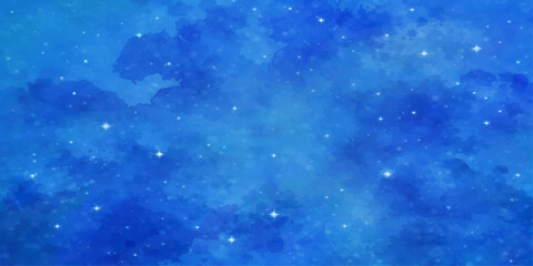 Abstract blue background with falling snowflakes and winter stars creates a cold Christmas holiday pattern of light and ice in the sky