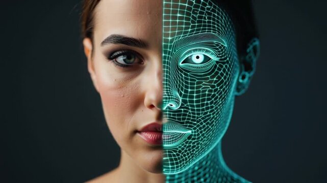 Cinematic transformation portrait video beautiful fashion model realistic glam face slowly converts into digital neon animation vertical scanning light revealing glowing wireframe facial structure