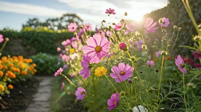 A vibrant and serene garden comes alive under the warm glow of golden hour sunlight, with a gentle sun flare illuminating a stunning array of cosmos flowers. Pink, white, and yellow petals in full blo