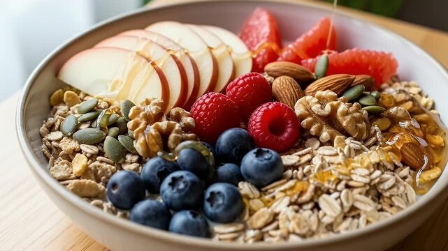 A vibrant and wholesome breakfast bowl is beautifully presented in a close-up shot, featuring a rich array of natural ingredients. Golden honey is elegantly drizzled over a delightful mix of rolled oa