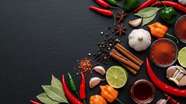 A vibrant array of fresh and dried culinary ingredients is artfully arranged on a dark, textured surface, creating a dynamic frame. Red and green chili peppers, fragrant garlic cloves, zesty lime slic
