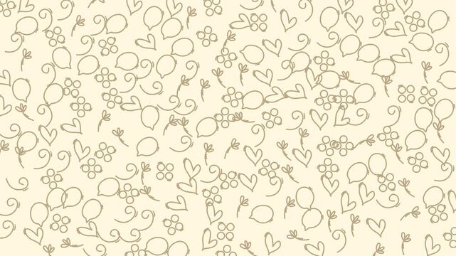 Doodle line art seamless pattern hearts flowers leaves cute hand drawn perfect for backgrounds, textiles, invitations, and packaging designs, adding a whimsical touch.