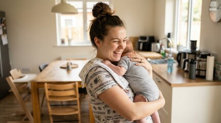 Fototapeta premium Happy young mother laughing while tenderly embracing newborn baby in a bright modern home kitchen for authentic family lifestyle concept.