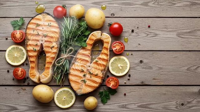 A vibrant overhead flat lay shot showcasing beautifully grilled salmon fillets artfully arranged on a rustic wooden surface. The golden-brown fish steaks are seasoned with fresh herbs and surrounded b