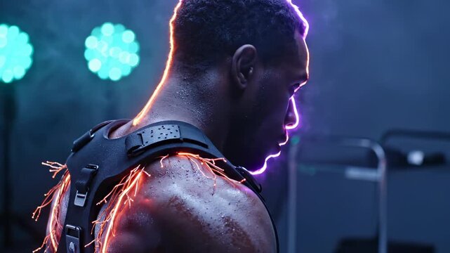 Cyborg warrior displays electric implants with neon glow. Man wears cybernetic armor in futuristic setting. Warrior with cyborg enhancement shows neon light. Electric implants glow on warrior.