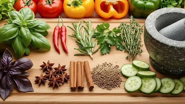 A vibrant overhead view showcases an artful arrangement of fresh culinary ingredients on a rustic wooden cutting board. Green and purple basil, fiery red chili peppers, fragrant rosemary, parsley, thy