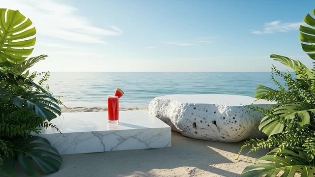 A vibrant red beverage, elegantly garnished with a fresh slice of watermelon, rests upon a sleek white marble display platform. The setting is a serene sandy beach, framed by lush, exotic tropical fol