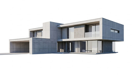 A new modern residential home construction featuring a sleek white window facade and contemporary architecture under a clear sky