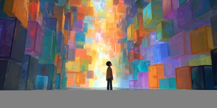 Child Silhouette Standing in Colorful Abstract Cubic Environment with Bright Light