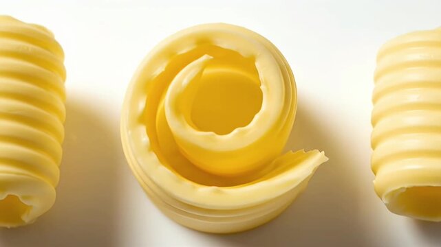A visually appealing close-up shot captures multiple perfectly formed butter curls and rolls against a pristine white background. The creamy, golden-yellow dairy product exhibits smooth, glossy textur