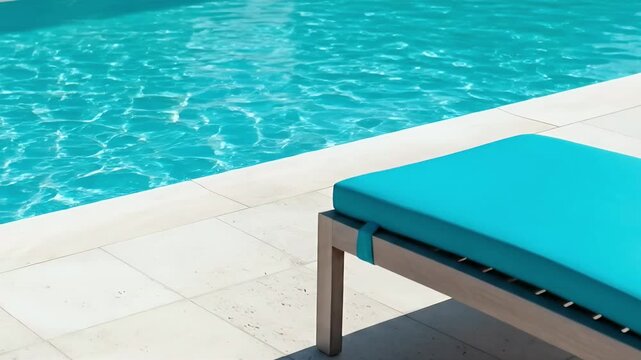 A vibrant turquoise sun lounger cushion sits invitingly beside a sparkling blue swimming pool on a bright, sunny day. The clear water shimmers with beautiful reflections, contrasting elegantly with th
